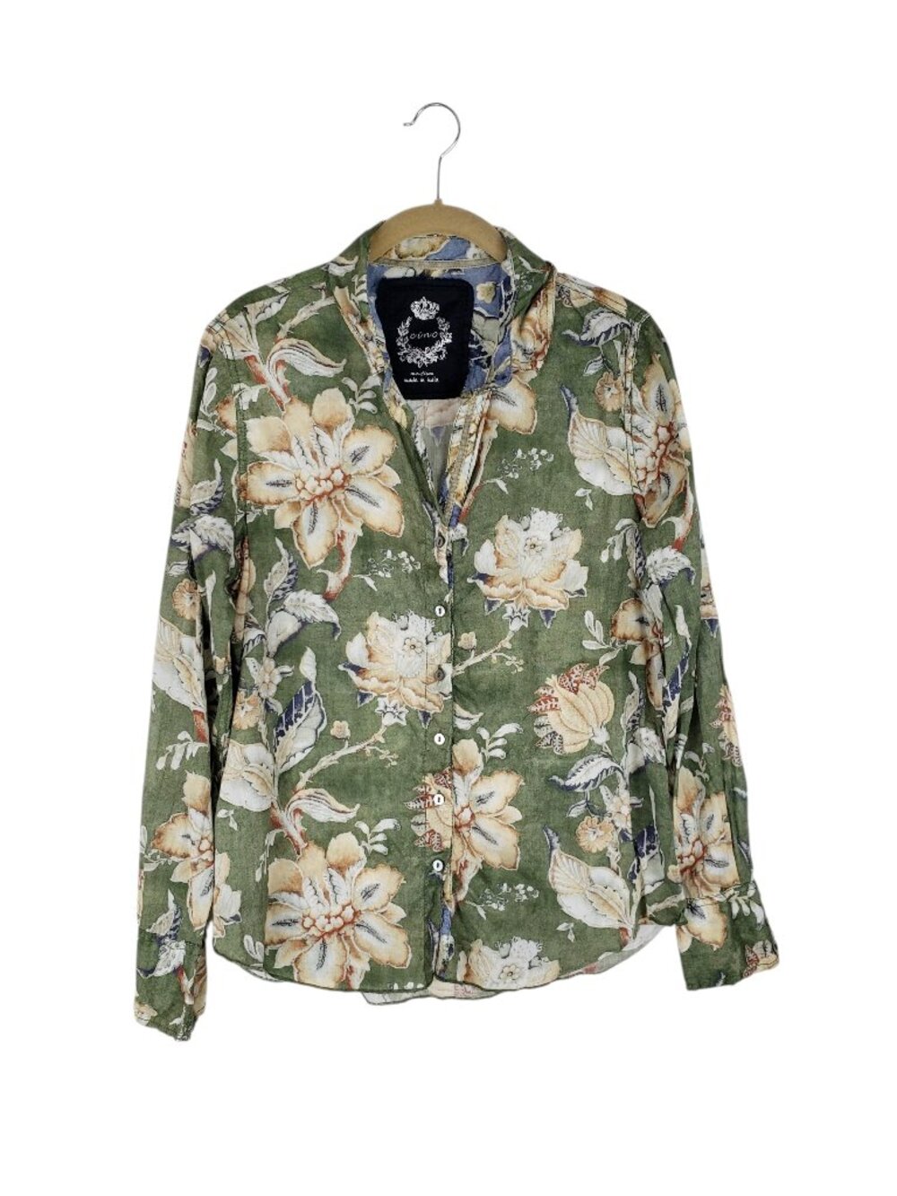 Cino Flora Tarragon Button Down Shirt Crinkle Cotton Voile Floral Print Womens M